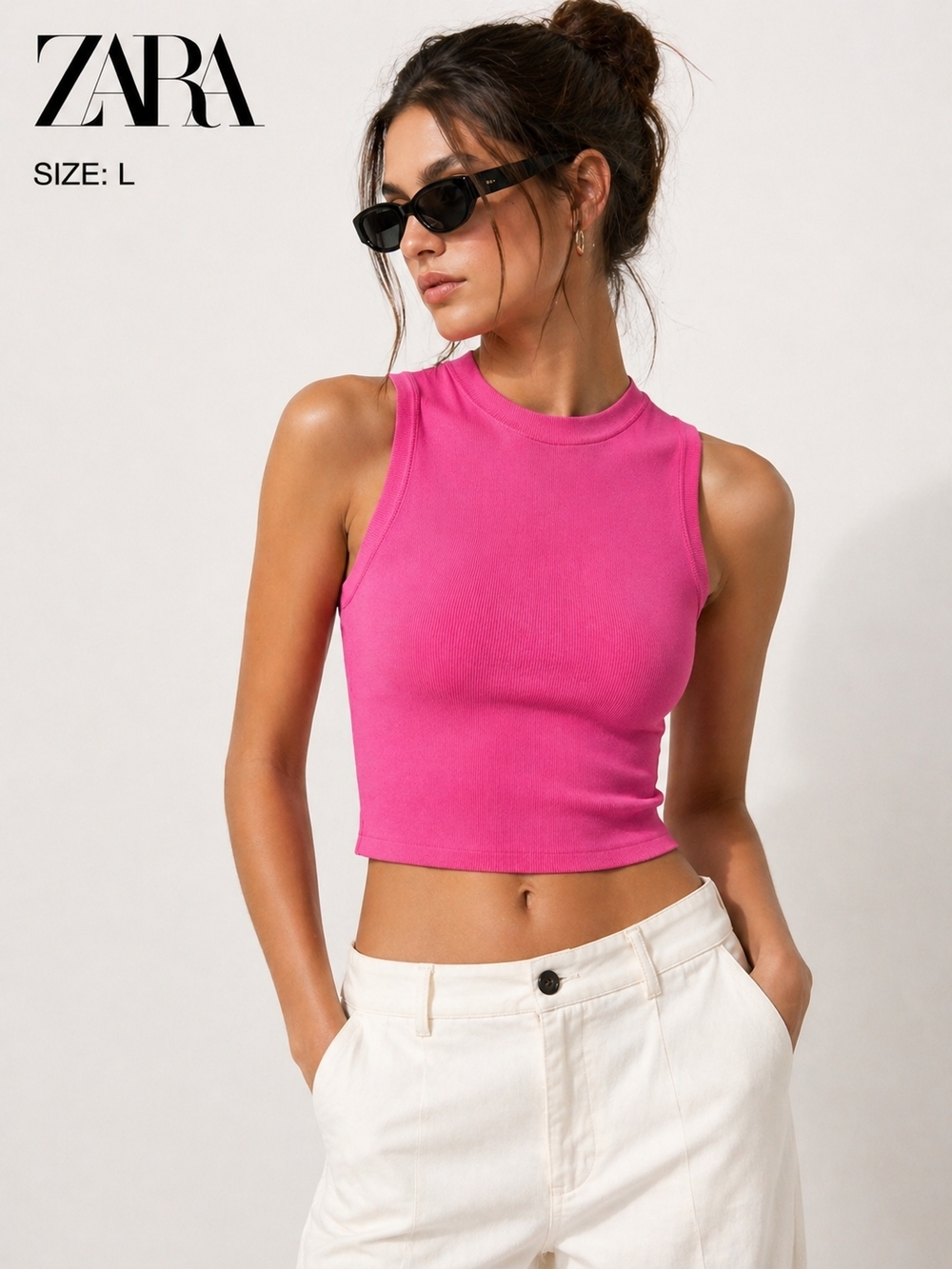 ZARA Hot Pink Ribbed Tank Crop Top Fitted NWOT Women Size L